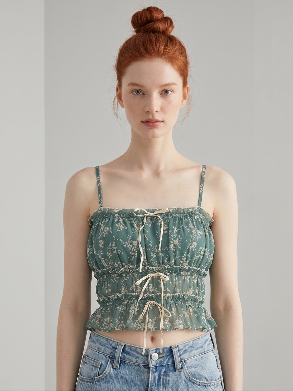 Thirty Thirty Soft Girl Cottagecore Floral Smocked Crop Cami Top in Sage Green S